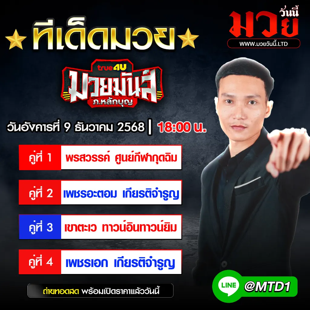 ทีเด็ดมวย ประจำวันอังคารที่ 9 ธันวาคม 2568
