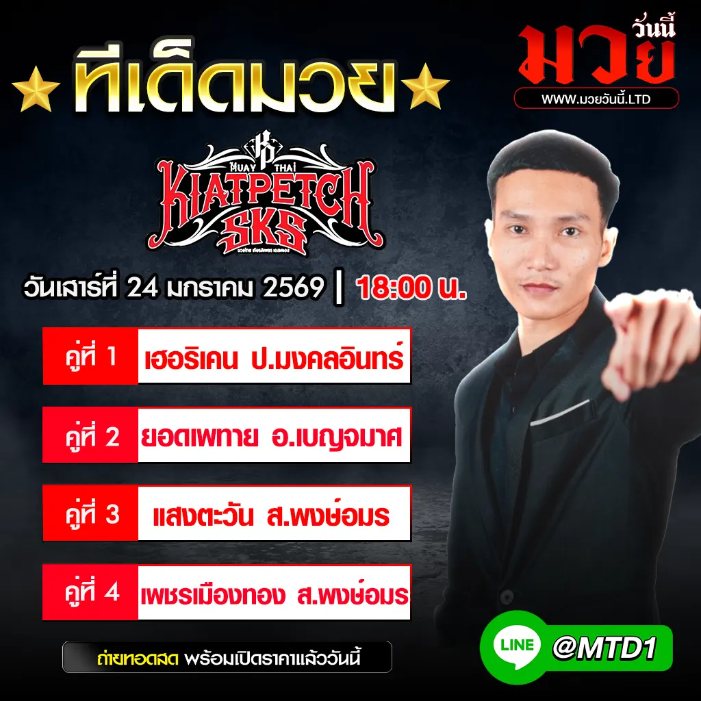 ทีเด็ดมวย ประจำวันเสาร์ที่ 24 มกราคม 2569