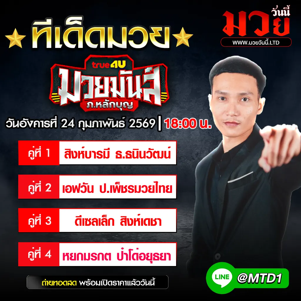 ทีเด็ดมวย ประจำวันอังคารที่ 24 กุมภาพันธ์ 2569