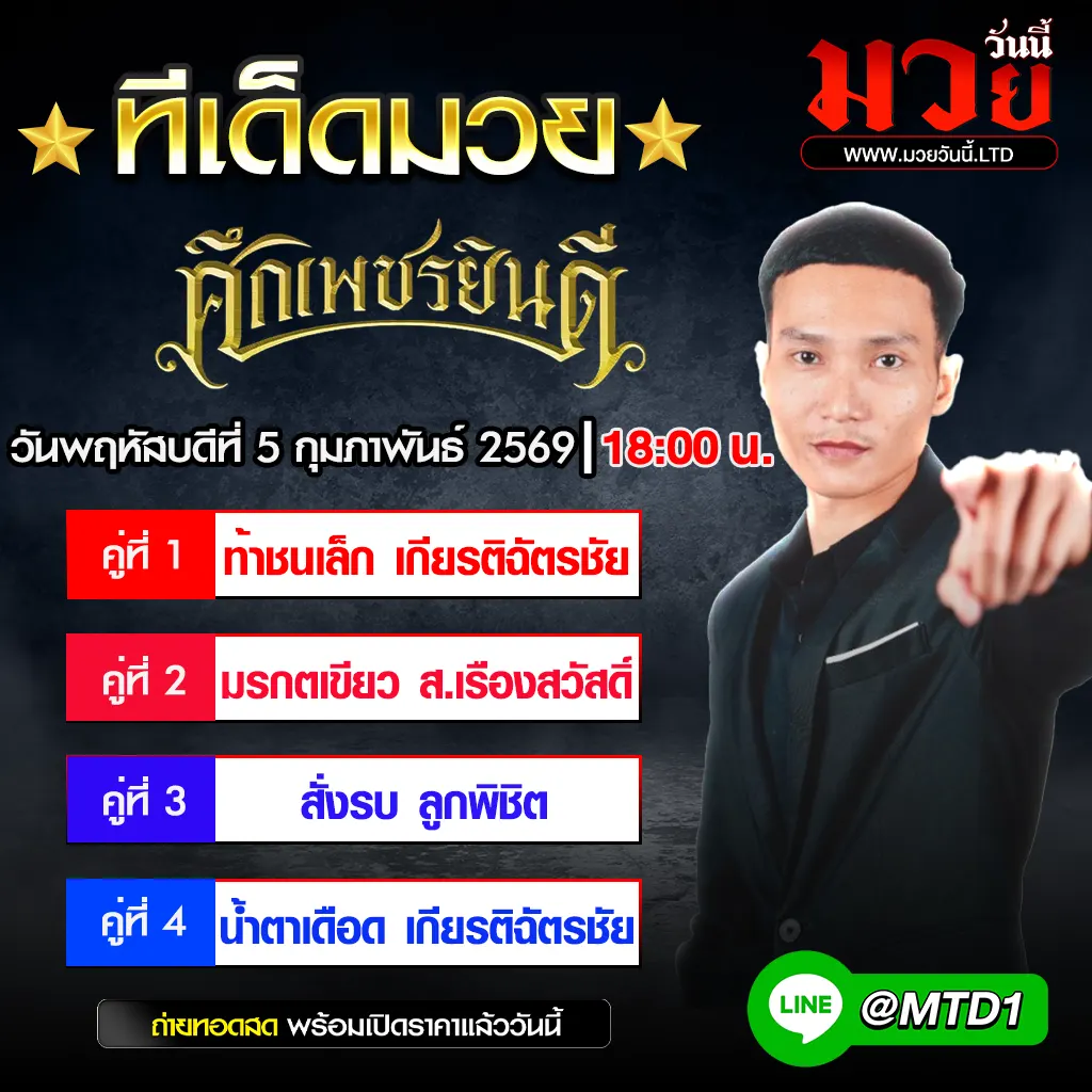 ทีเด็ดมวย ประจำวันพฤหัสบดีที่ 5 กุมภาพันธ์ 2569
