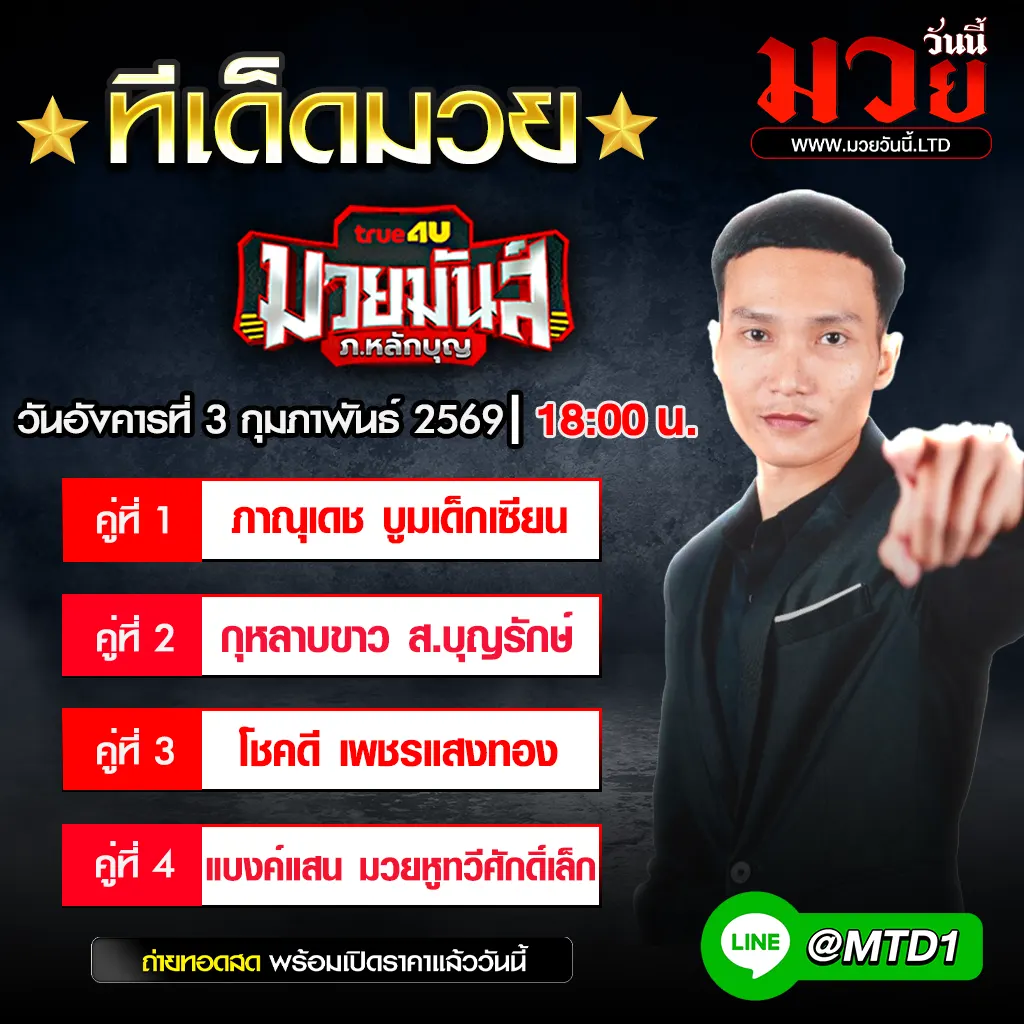 ทีเด็ดมวย ประจำวันอังคารที่ 3 กุมภาพันธ์ 2569