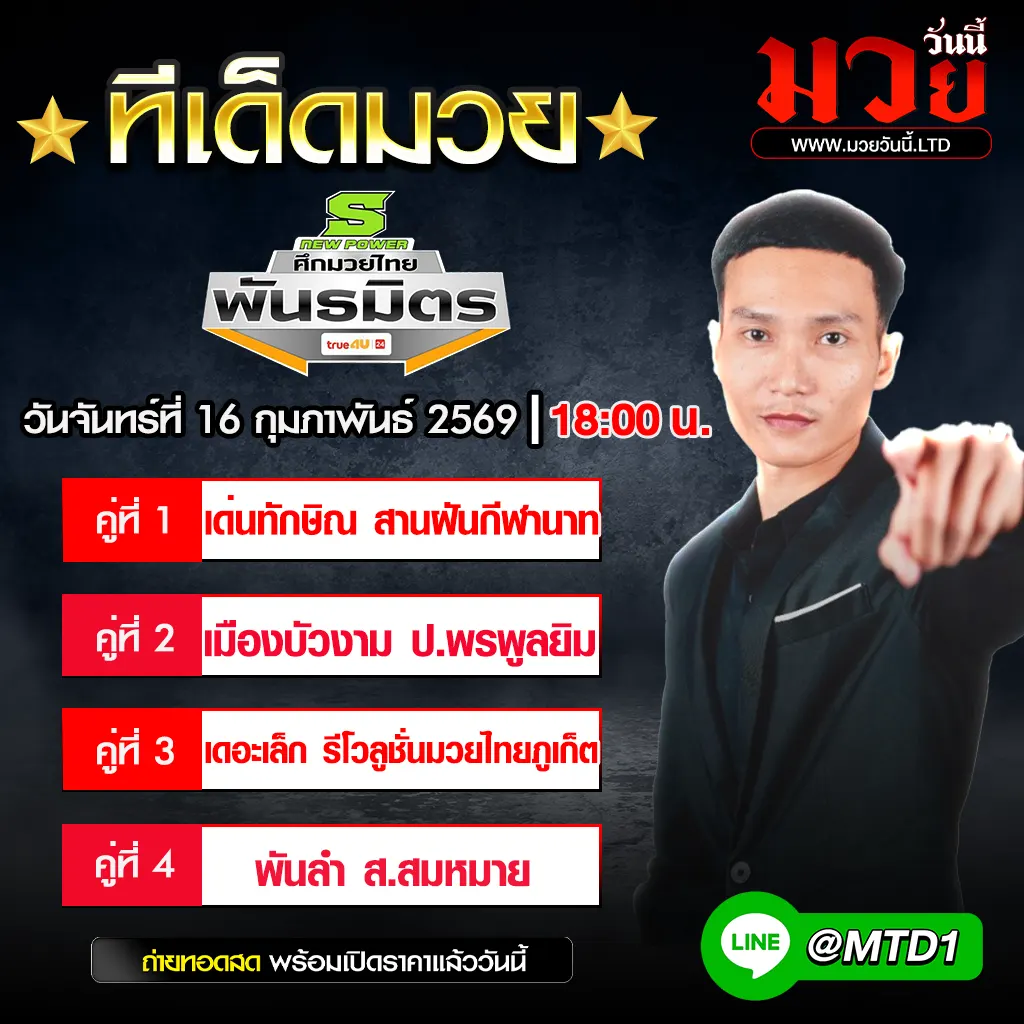 ทีเด็ดมวย ประจำวันจันทร์ที่ 16 กุมภาพันธ์ 2569