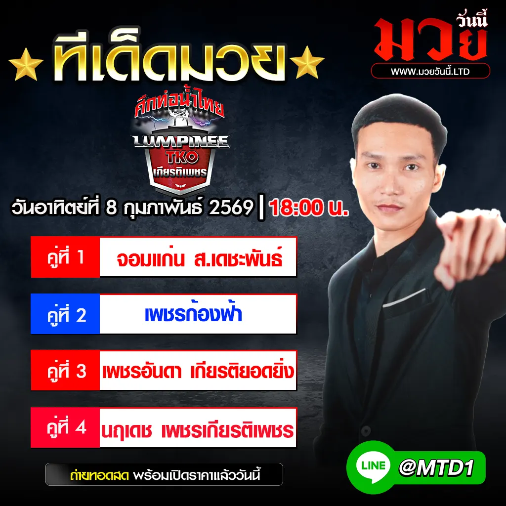 ทีเด็ดมวย ประจำวันอาทิตย์ที่ 8 กุมภาพันธ์ 2569