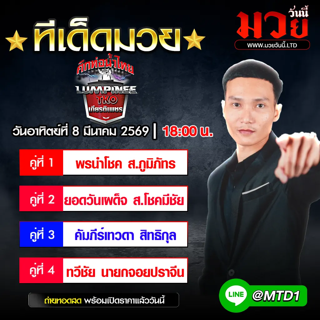 ทีเด็ดมวย ประจำวันอาทิตย์ที่ 8 มีนาคม 2569